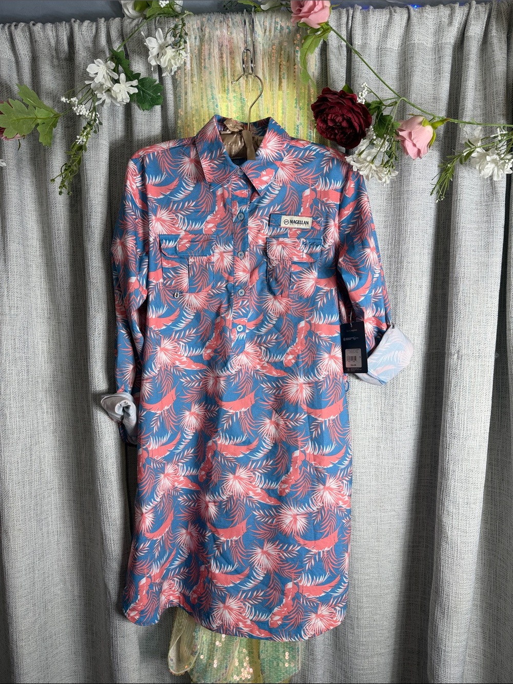 Magellan Outdoors Blue and Pink Tropical Button-Front Shirt Dress